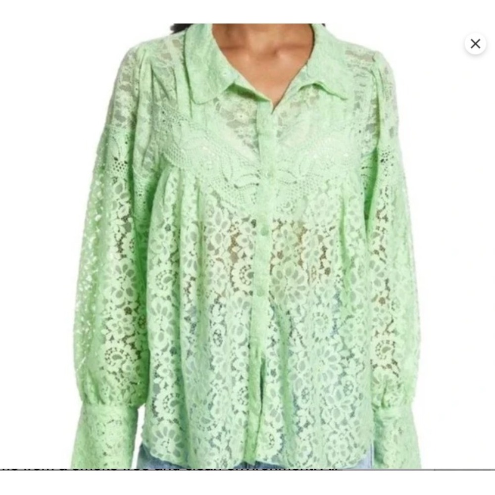 Free People Women's Melona Green‎ Out West Lace Button-Up Blouse Size Small NEW